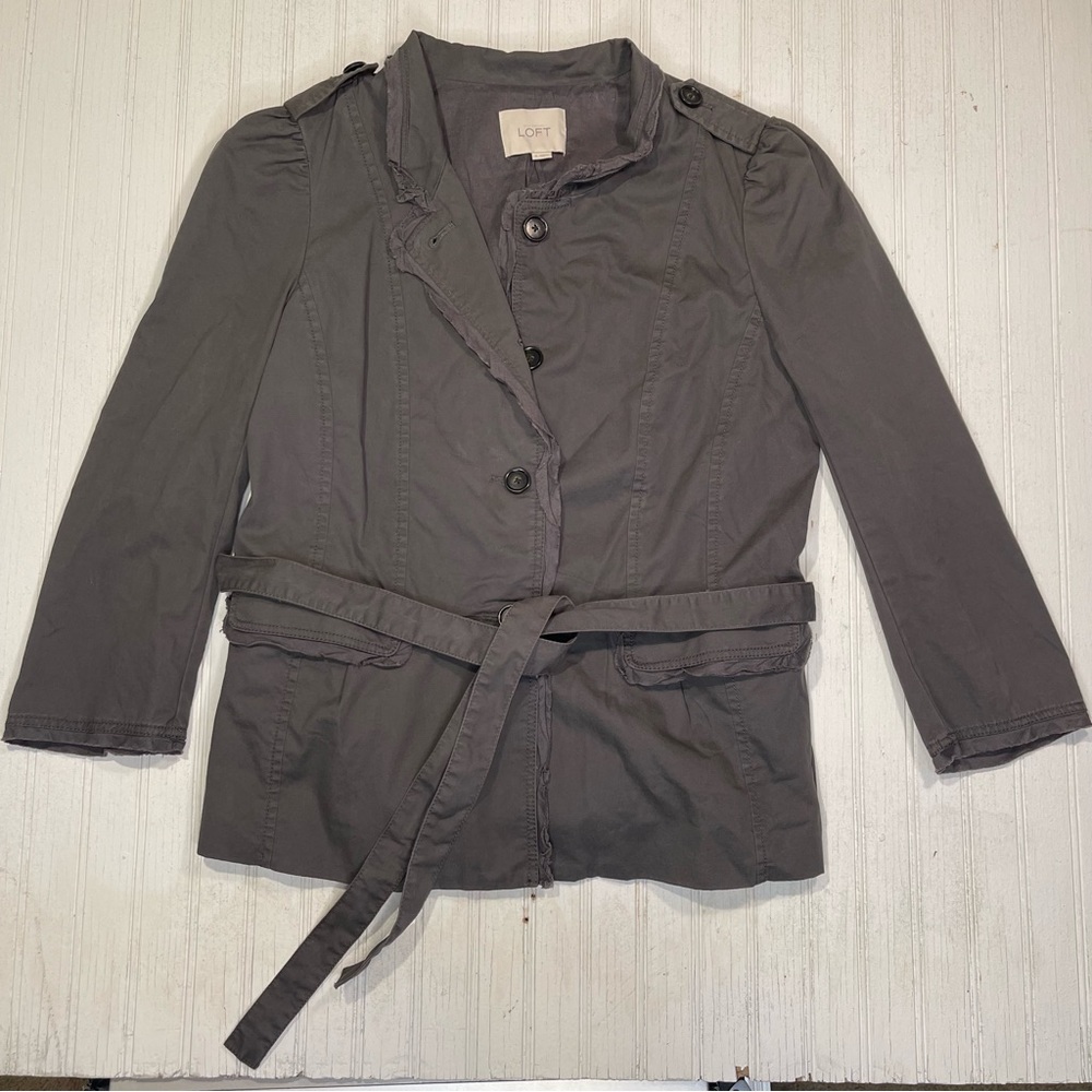 Ann Taylor Loft womens gray racer jacket size 8 belt